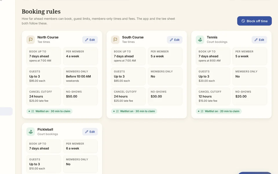 Booking rules in plain English in the staff dashboard, sample club