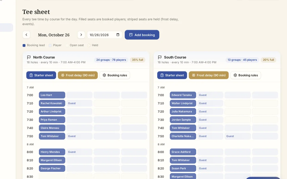 Tee sheet in the staff dashboard, sample club