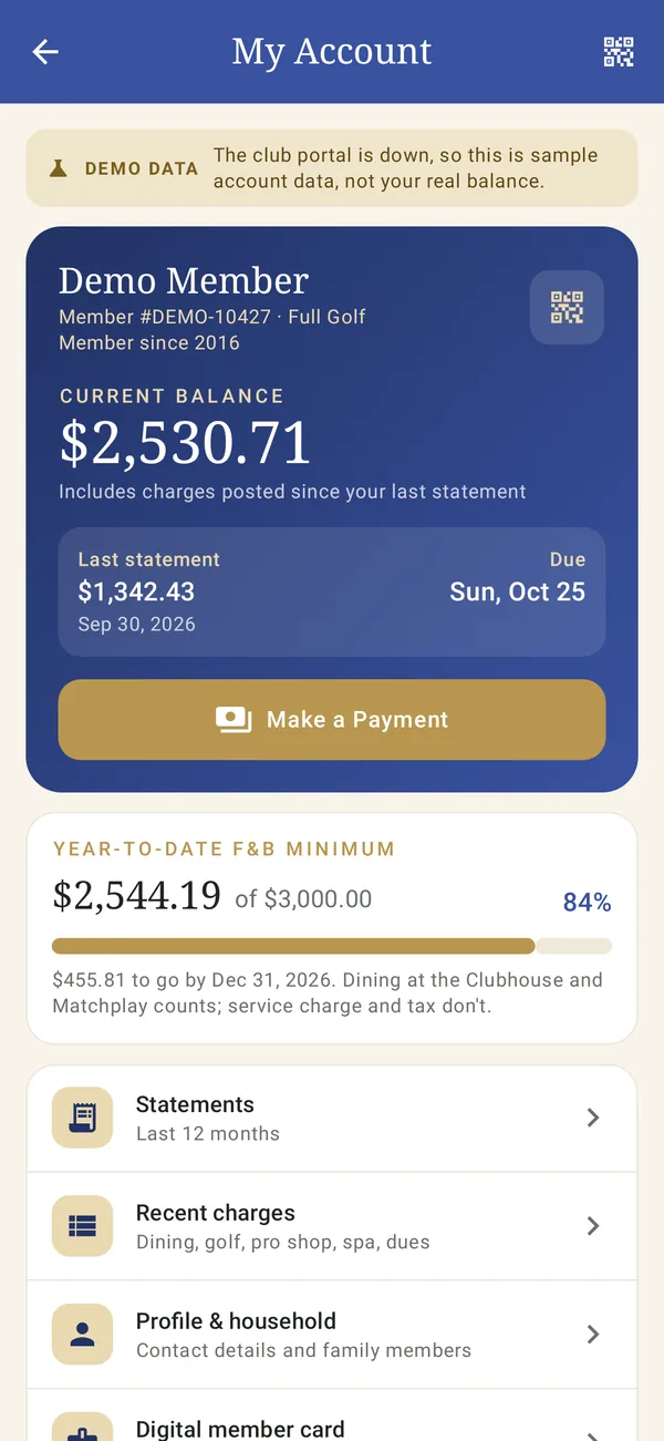 Account & statements screen in the member app, sample club