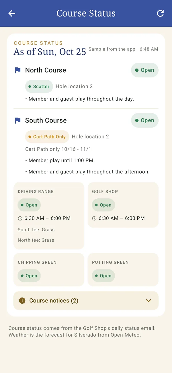 Course status screen for a sample club: both courses open, cart rules, pin positions and weather