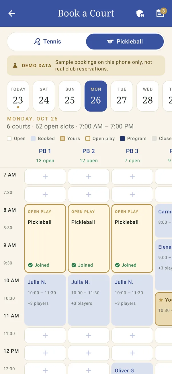 Tennis & pickleball courts screen in the member app, sample club