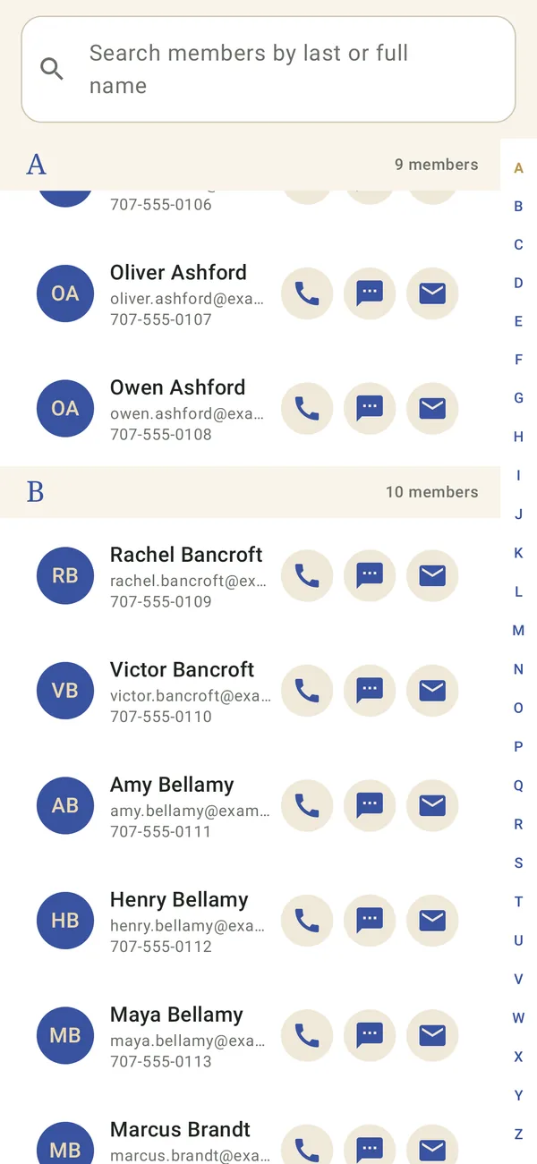 Member directory screen in the member app, sample club