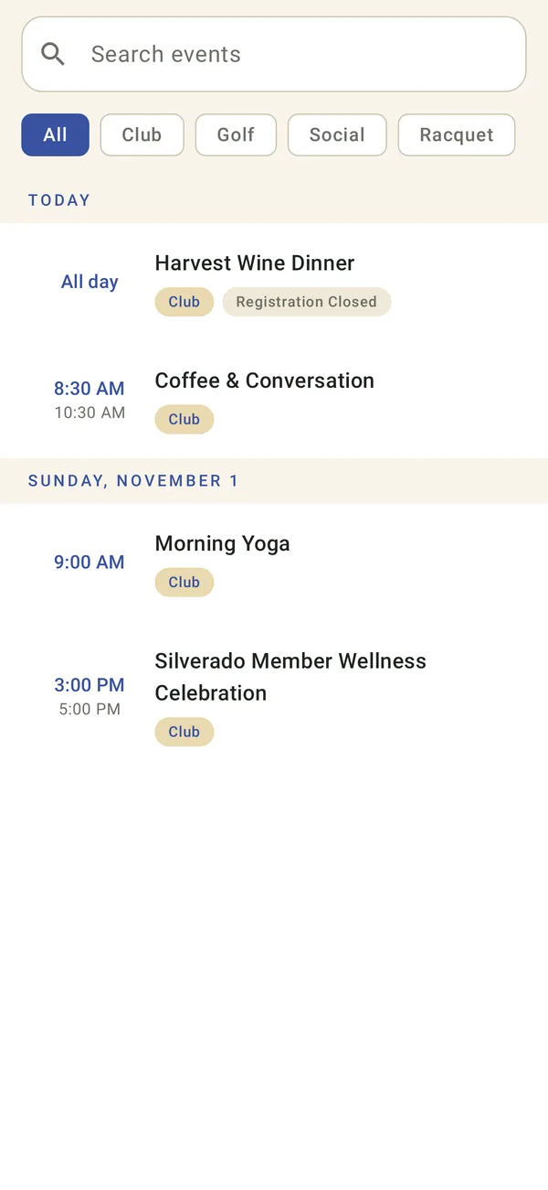 Events calendar screen in the member app, sample club