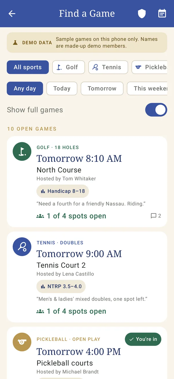 Find a Game screen in the member app, sample club
