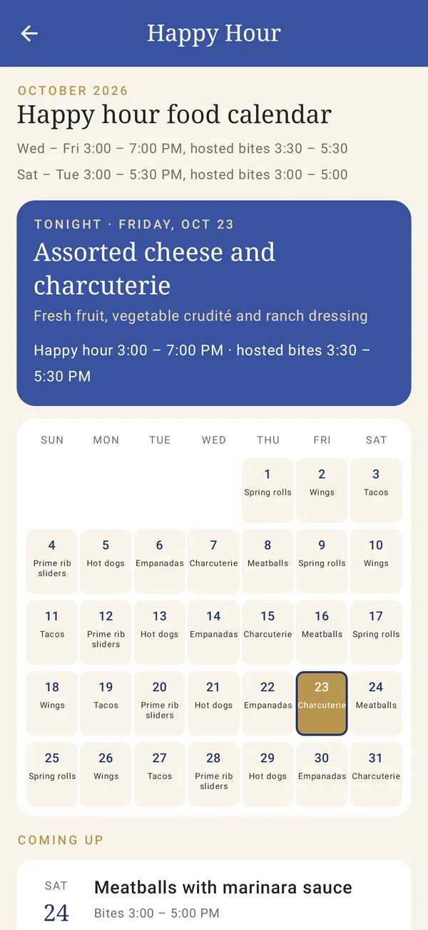 Happy hour calendar screen in the member app, sample club