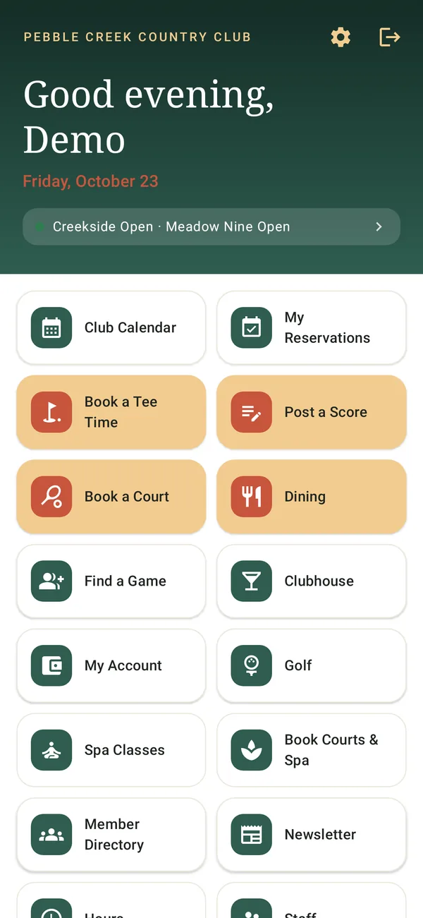 Member app home screen for a sample club in green: course status, tee times, dining and more