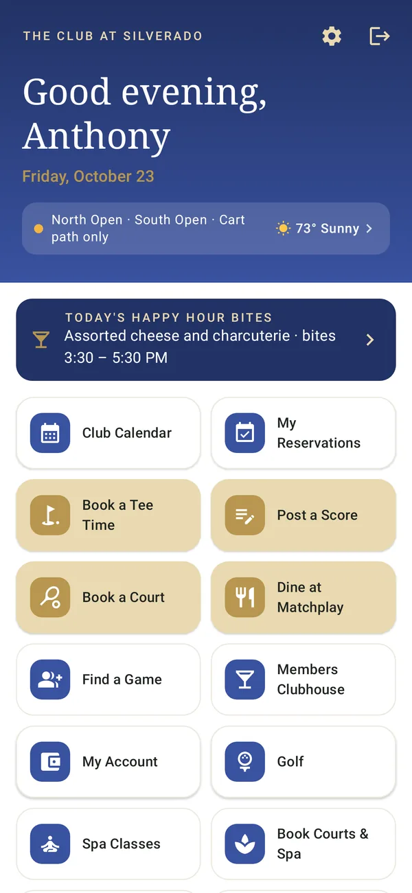 Home screen of the member app for a sample club in navy