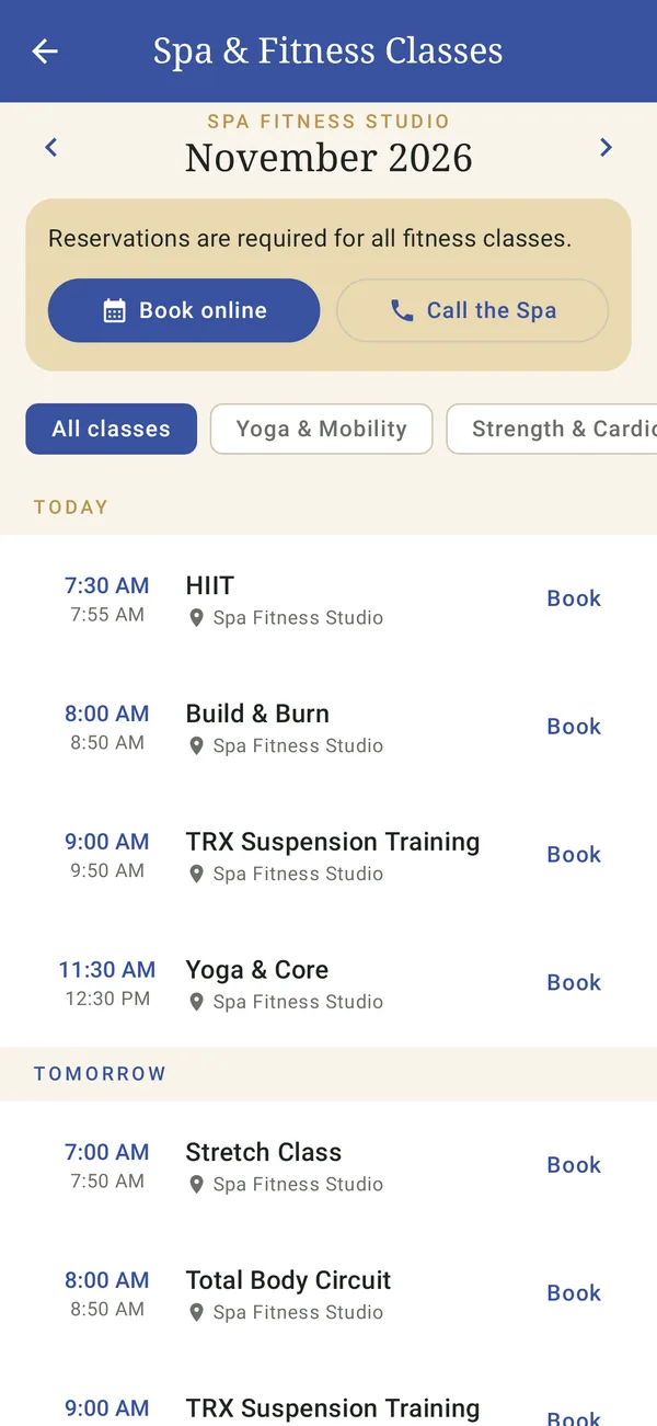 Spa & fitness screen in the member app, sample club