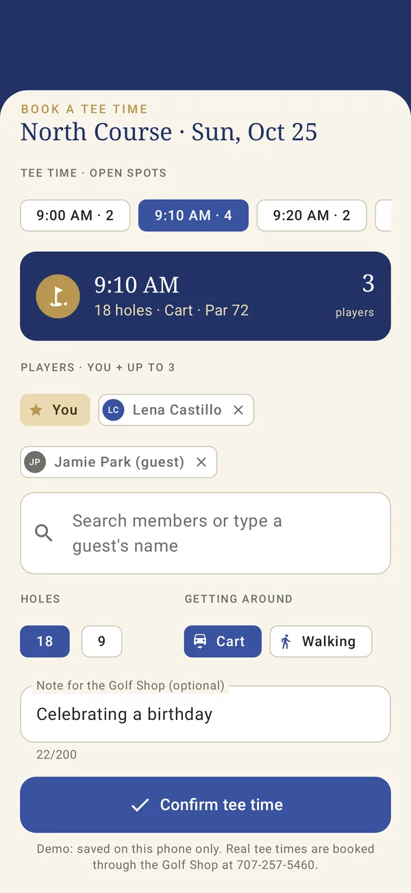 Book a tee time screen in the member app, sample club